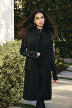 Load image into Gallery viewer, Update your fall/winter wardrobe with this stunning black mock neck sweater featuring rhinestone and pearl embellishments. With a hip-length fit and a slim silhouette, this fashionable pullover seamlessly blends fashion and comfort, becoming a must-have for the colder months.