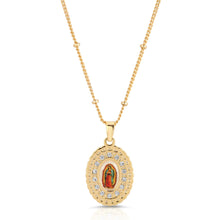 Load image into Gallery viewer, Gold necklace with a pendant featuring Our Lady of Guadalupe icon on a white background surrounded by crystals against a white background.