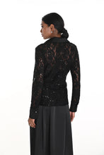 Load image into Gallery viewer, Woman wearing a black lace blouse and black skirt against a white background.