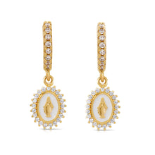Load image into Gallery viewer, Gold huggie earrings with central white oval design and a Virgin Mary icon surrounded by small crystals against a white background.