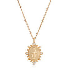 Load image into Gallery viewer, A close-up photo of a gold pendant necklace featuring Virgin Mary with cubic zirconia accents.