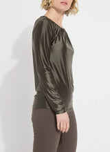 Load image into Gallery viewer, The Larissa Satin Jersey Top is designed for comfort, offering a wrinkle-free and fitted silhouette that stays true to size. It features distinctive ruching at the neckline and is crafted from Stretch Satin Jersey, providing a luxurious sheen and the convenience of 4-way stretch. The interior is finely finished with binding. Versatile in style, this top can be paired with trousers for a more formal look or dressed down with jeans for casual wear.