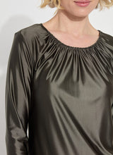 Load image into Gallery viewer, The Larissa Satin Jersey Top is designed for comfort, offering a wrinkle-free and fitted silhouette that stays true to size. It features distinctive ruching at the neckline and is crafted from Stretch Satin Jersey, providing a luxurious sheen and the convenience of 4-way stretch. The interior is finely finished with binding. Versatile in style, this top can be paired with trousers for a more formal look or dressed down with jeans for casual wear.