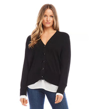 Load image into Gallery viewer, This Layered Sweater Cardigan, made from a luxurious cashmere blend, features a built-in shirt hem and cuffs, creating the fashionable appearance of multiple layers. Ideal for versatile styling, this cozy garment offers both practicality and style. Embrace warmth and elegance throughout the season.