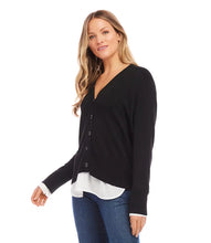 Load image into Gallery viewer, This Layered Sweater Cardigan, made from a luxurious cashmere blend, features a built-in shirt hem and cuffs, creating the fashionable appearance of multiple layers. Ideal for versatile styling, this cozy garment offers both practicality and style. Embrace warmth and elegance throughout the season.