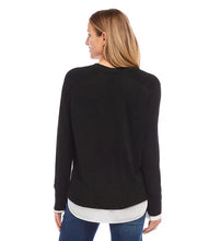 Load image into Gallery viewer, This Layered Sweater Cardigan, made from a luxurious cashmere blend, features a built-in shirt hem and cuffs, creating the fashionable appearance of multiple layers. Ideal for versatile styling, this cozy garment offers both practicality and style. Embrace warmth and elegance throughout the season.
