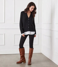 Load image into Gallery viewer, This Layered Sweater Cardigan, made from a luxurious cashmere blend, features a built-in shirt hem and cuffs, creating the fashionable appearance of multiple layers. Ideal for versatile styling, this cozy garment offers both practicality and style. Embrace warmth and elegance throughout the season.