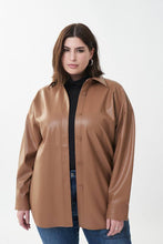 Load image into Gallery viewer, The Nell Nutmeg Leatherette Shirt by Joseph Ribkoff is the perfect way to update your wardrobe. Crafted with faux leather, it can be easily layered over different garments such as tanks, shirts, and lightweight knits, creating a fashionable and sophisticated look. Color- Nutmeg. Button down. Collared. Faux leather. No pockets.