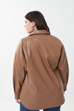 Load image into Gallery viewer, The Nell Nutmeg Leatherette Shirt by Joseph Ribkoff is the perfect way to update your wardrobe. Crafted with faux leather, it can be easily layered over different garments such as tanks, shirts, and lightweight knits, creating a fashionable and sophisticated look. Color- Nutmeg. Button down. Collared. Faux leather. No pockets.