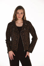 Load image into Gallery viewer, Woman wearing a leopard print sequin jacket and black pants on a white background.