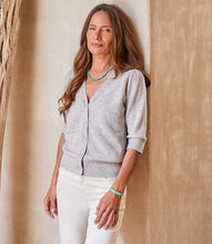 Load image into Gallery viewer, Buttery-soft sweater knit shapes this wool-blend cardigan detailed with statement-making puff sleeves. This cardigan is versatile enough for office hours, brunch and beyond. Color- Light heather gray. Puff sleeve. Elbow length. Button down. Fabric -58% Acrylic. 27% Nylon. 10% Wool. 5% Spandex. Care- Dry clean.