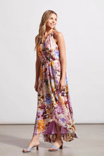 Load image into Gallery viewer, Cut from floaty chiffon fabric, this maxi dress will leave you feeling light as a cloud. The stunning array of colors and the design, along with, the keyhole neckline enhanced with a gold bar embellishment, create a dress that will make a beautiful statement when worn.