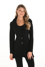 Load image into Gallery viewer, Woman wearing a long black jacket with jewel buttons against a white background.