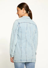 Load image into Gallery viewer, Effortlessly chic, this long denim jacket in a light wash, pairs perfectly with many of your favorite bottoms, including leggings, and can be worn buttoned or open for versatile style.