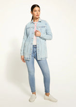 Load image into Gallery viewer, Effortlessly chic, this long denim jacket in a light wash, pairs perfectly with many of your favorite bottoms, including leggings, and can be worn buttoned or open for versatile style.