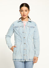 Load image into Gallery viewer, Effortlessly chic, this long denim jacket in a light wash, pairs perfectly with many of your favorite bottoms, including leggings, and can be worn buttoned or open for versatile style.