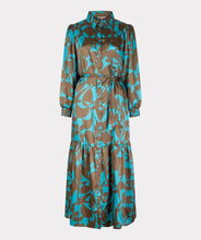 Load image into Gallery viewer, This Liva Long Expressive Roots Dress by EsQualo offers a flattering fit with sophisticated details. The unique "Expressive Roots" print provides a sophisticated style for dressy and casual occasions. Elevate your look with complementary jewelry or complete the ensemble with a denim jacket. This dress is sure to become a treasured addition to your wardrobe. Color- Peacock blue and brown. Long sleeve. Collared. Button down. Tie waist.