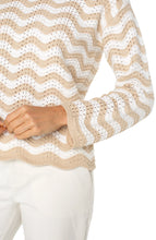 Load image into Gallery viewer, Refresh your wardrobe with our Pointelle mix-stitched boatneck sweater, featuring elegant wavy stripes and scalloped edges. This versatile piece pairs beautifully with crisp white pants or classic denim, making it a stylish choice for any occasion.