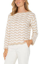 Load image into Gallery viewer, Refresh your wardrobe with our Pointelle mix-stitched boatneck sweater, featuring elegant wavy stripes and scalloped edges. This versatile piece pairs beautifully with crisp white pants or classic denim, making it a stylish choice for any occasion.