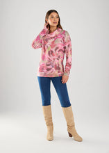 Load image into Gallery viewer, This cowl neck top combines a one-of-a-kind local artist's print with a draped neckline and fashionable pleated sleeves. This ultra soft, long-sleeve cowl neck top is the perfect garment for those in between days when a sweater is too heavy and lightweight options are not warm enough. It adds a touch of sophistication and artistic flair to any wardrobe and is incredibly versatile.