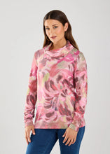 Load image into Gallery viewer, This cowl neck top combines a one-of-a-kind local artist's print with a draped neckline and fashionable pleated sleeves. This ultra soft, long-sleeve cowl neck top is the perfect garment for those in between days when a sweater is too heavy and lightweight options are not warm enough. It adds a touch of sophistication and artistic flair to any wardrobe and is incredibly versatile.