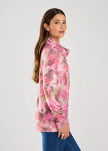 Load image into Gallery viewer, This cowl neck top combines a one-of-a-kind local artist's print with a draped neckline and fashionable pleated sleeves. This ultra soft, long-sleeve cowl neck top is the perfect garment for those in between days when a sweater is too heavy and lightweight options are not warm enough. It adds a touch of sophistication and artistic flair to any wardrobe and is incredibly versatile.