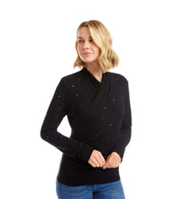 Load image into Gallery viewer, Woman wearing a black long-sleeve crossover top with sparkles and jeans against a white background.