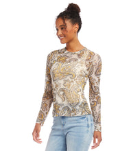 Load image into Gallery viewer, Expertly made with lightweight, breathable mesh, this long sleeve top effortlessly combines comfort with intricate detailing. Its versatility allows for a sophisticated and polished look when paired with pants and heels, or a relaxed yet stylish appearance with jeans. As it is sheer, recommend a white tank or cami be worn underneath.