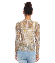 Load image into Gallery viewer, Expertly made with lightweight, breathable mesh, this long sleeve top effortlessly combines comfort with intricate detailing. Its versatility allows for a sophisticated and polished look when paired with pants and heels, or a relaxed yet stylish appearance with jeans. As it is sheer, recommend a white tank or cami be worn underneath.