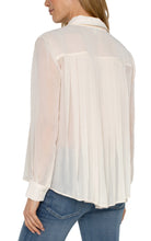 Load image into Gallery viewer, Our chiffon button-front blouse offers versatile elegance, easily transitioning from casual to formal. The back pleat detail adds a touch of sophistication, making it an essential addition to your cool weather collection.