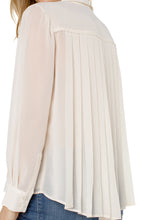 Load image into Gallery viewer, Our chiffon button-front blouse offers versatile elegance, easily transitioning from casual to formal. The back pleat detail adds a touch of sophistication, making it an essential addition to your cool weather collection.