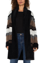 Load image into Gallery viewer, Introducing the Coatigan - the chic combination of a coat and a cardigan. A perfect style that transitions from the outdoors to the indoors, our long sleeve sweater coat features a luxe faux fur shawl collar and a color blocked pattern. This coatigan pairs well with denim, trousers or leggings!