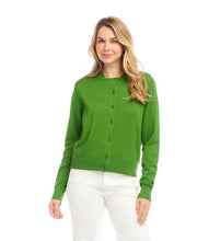Load image into Gallery viewer, Wrap yourself in soft sophistication with the Karen Kane Long Sleeve Cardigan Sweater in Green. Designed for comfort and versatility, this lightweight knit cardigan features a relaxed fit and long sleeves, making it the perfect layering piece for any season. Ideal for casual outings, workdays, or evening wear, this versatile cardigan pairs beautifully with dresses, jeans, or tailored pants.