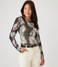 Load image into Gallery viewer, This long-sleeved top is made from lightweight, breathable mesh and flexible elastane, offering a comfortable fit with intricate styling details. Its versatile design pairs well with your preferred pants and heels for a sophisticated, work-ready ensemble or can be combined with jeans for a casual yet fashionable look. Semi sheer. Recommend men wearing over a white or black tank or cami. Color- Black and white.