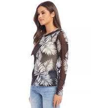Load image into Gallery viewer, This long-sleeved top is made from lightweight, breathable mesh and flexible elastane, offering a comfortable fit with intricate styling details. Its versatile design pairs well with your preferred pants and heels for a sophisticated, work-ready ensemble or can be combined with jeans for a casual yet fashionable look. Semi sheer. Recommend men wearing over a white or black tank or cami. Color- Black and white.