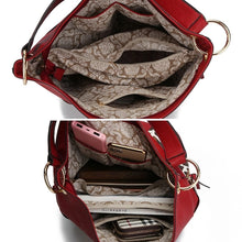 Load image into Gallery viewer, Crafted from superior vegan leather, this hobo bag features stylish gold-tone hardware and a slouchy silhouette. Boasting a spacious interior with a mid-centered zipper pocket, two slip in pockets, and a wall zipper pocket, the bag is also designed with two slip-in pockets on either side in a fashionable animal print.