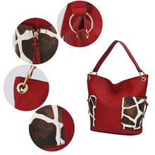 Load image into Gallery viewer, Crafted from superior vegan leather, this hobo bag features stylish gold-tone hardware and a slouchy silhouette. Boasting a spacious interior with a mid-centered zipper pocket, two slip in pockets, and a wall zipper pocket, the bag is also designed with two slip-in pockets on either side in a fashionable animal print.