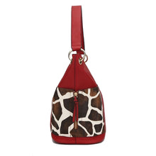 Load image into Gallery viewer, Crafted from superior vegan leather, this hobo bag features stylish gold-tone hardware and a slouchy silhouette. Boasting a spacious interior with a mid-centered zipper pocket, two slip in pockets, and a wall zipper pocket, the bag is also designed with two slip-in pockets on either side in a fashionable animal print.