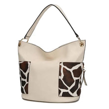 Load image into Gallery viewer, Crafted from superior vegan leather, this hobo bag features stylish gold-tone hardware and a slouchy silhouette. Boasting a spacious interior with a mid-centered zipper pocket, two slip in pockets, and a wall zipper pocket, the bag is also designed with two slip-in pockets on either side in a fashionable animal print.