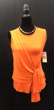 Load image into Gallery viewer, This wrinkle-free top effortlessly takes you from day to night with its carefully positioned side drape detail that sculpts and flatters your body shape. Made with a blend of rayon and spandex, this top not only feels soft against your skin, but also provides a stretch that enhances your silhouette. The brilliant solid orange color coordinates perfectly with a number of trousers, skirts and shorts and looks fabulous with denim.