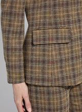 Load image into Gallery viewer, Close-up of model wearing a brown and sparkle plaid blazer and pant against a white background.