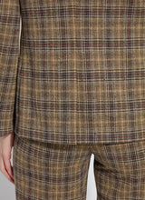 Load image into Gallery viewer, Close-up of model wearing a brown and sparkle plaid blazer and pant against a white background.