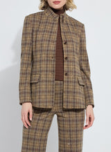 Load image into Gallery viewer, Model wearing a brown and sparkle plaid blazer and pant against a white background.