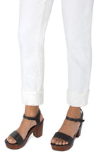 Load image into Gallery viewer, Liverpool Los Angeles now offers the famous Marley Girlfriend in WHITE! This girlfriend jean is the perfect silhouette, offering just the right amount of room from mid-thigh to the cuffed hem. Super comfortable with amazing stretch. This fabulous jean is a must for your wardrobe as it goes with essentially everything in your closet! Color- Bone white. Mid-rise. 5 functional pocket styling details. Single logo button closure. Belt loops.