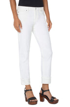 Load image into Gallery viewer, Liverpool Los Angeles now offers the famous Marley Girlfriend in WHITE! This girlfriend jean is the perfect silhouette, offering just the right amount of room from mid-thigh to the cuffed hem. Super comfortable with amazing stretch. This fabulous jean is a must for your wardrobe as it goes with essentially everything in your closet! Color- Bone white. Mid-rise. 5 functional pocket styling details. Single logo button closure. Belt loops.