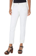 Load image into Gallery viewer, Liverpool Los Angeles now offers the famous Marley Girlfriend in WHITE! This girlfriend jean is the perfect silhouette, offering just the right amount of room from mid-thigh to the cuffed hem. Super comfortable with amazing stretch. This fabulous jean is a must for your wardrobe as it goes with essentially everything in your closet! Color- Bone white. Mid-rise. 5 functional pocket styling details. Single logo button closure. Belt loops.