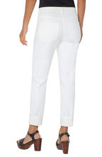 Load image into Gallery viewer, Liverpool Los Angeles now offers the famous Marley Girlfriend in WHITE! This girlfriend jean is the perfect silhouette, offering just the right amount of room from mid-thigh to the cuffed hem. Super comfortable with amazing stretch. This fabulous jean is a must for your wardrobe as it goes with essentially everything in your closet! Color- Bone white. Mid-rise. 5 functional pocket styling details. Single logo button closure. Belt loops.