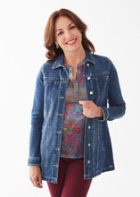 Load image into Gallery viewer, Introducing the perfect transitional jacket in a timeless design- our Medium Wash Long Denim Jacket by FDJ French Dressing! With its versatile styling options, it's great for both colder and warmer days. Layer it over a cozy sweater or pair it with your go-to jeans and t-shirt for a fashionable and functional look. Color- Medium wash. Button down. Longer length. Silver buttons. Functional side slit pockets.