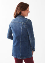 Load image into Gallery viewer, Introducing the perfect transitional jacket in a timeless design- our Medium Wash Long Denim Jacket by FDJ French Dressing! With its versatile styling options, it's great for both colder and warmer days. Layer it over a cozy sweater or pair it with your go-to jeans and t-shirt for a fashionable and functional look. Color- Medium wash. Button down. Longer length. Silver buttons. Functional side slit pockets.
