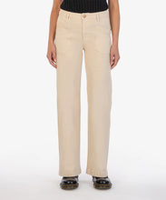 Load image into Gallery viewer, Elevate your style with these Meg Utility Pocket High Waist Wide Leg Pants from Kut from the Kloth (KB50101-BEIGE). Featuring a neutral beige color, flap pockets, and full-length wide legs, these pants add a professional touch to any outfit. With a high rise and 31-inch inseam, these pants provide a true to size fit and are both stylish and practical. Color- Beige. Front deep functional pockets. Back functional flap pockets. Wide leg. High rise. 31-inch inseam. Gold button closure. Belt loops.